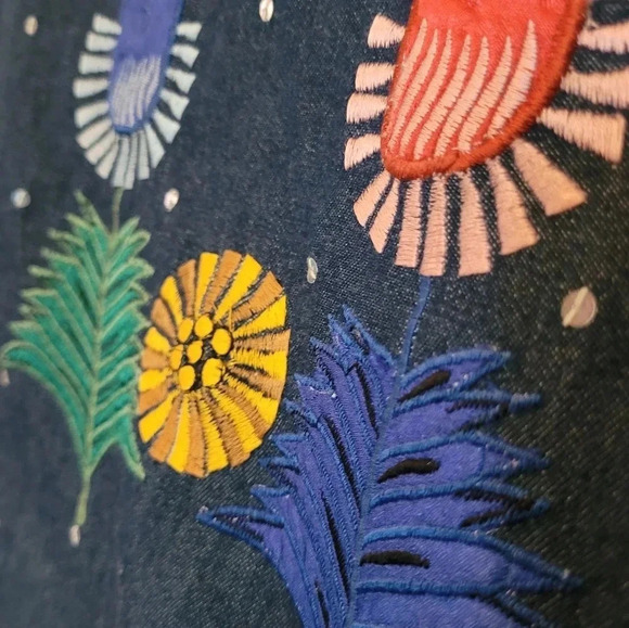 Embroidered sequins colorful blue jean denim shirt jacket shacket M Boho Artsy - Picture 5 of 9